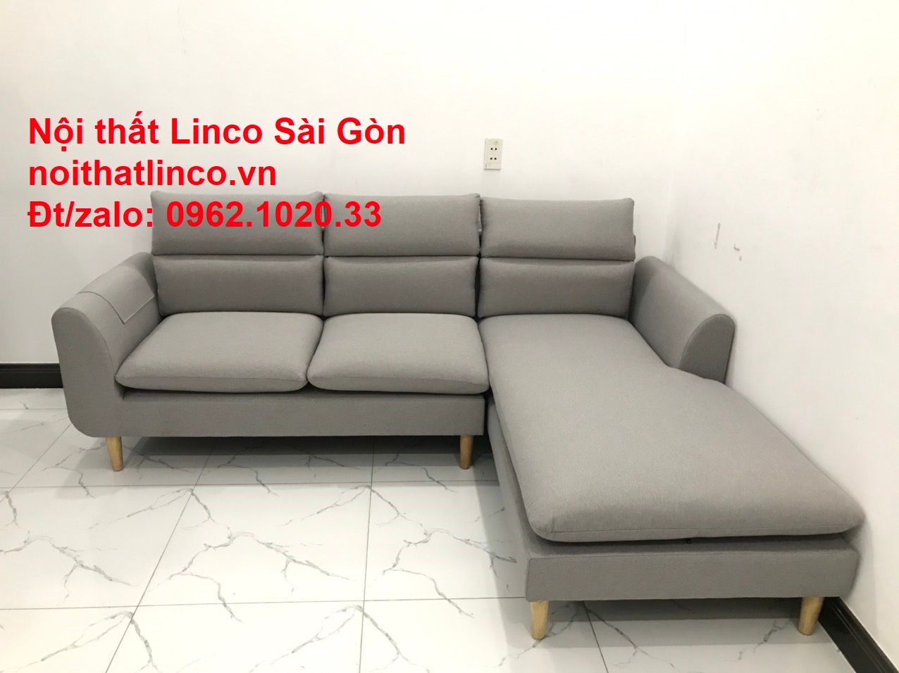 Bộ bàn ghế sofa góc chữ L | Salon sopha xám ghi trắng rẻ đẹp dài 2m2 | Nội thất phòng khách Linco Sài Gòn