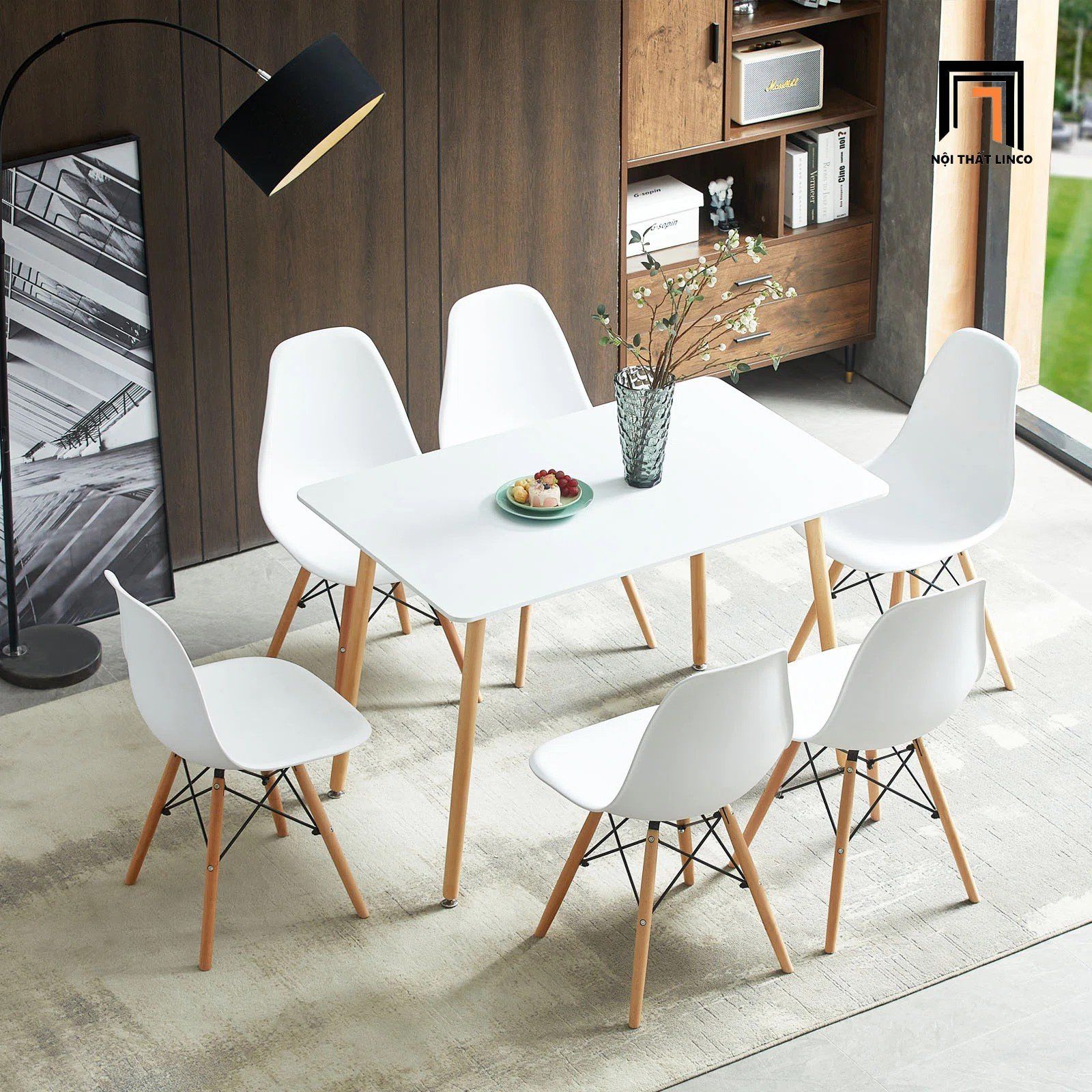 Bộ bàn ăn chữ nhật 1-OC6-GCF1-KH108 6 ghế ngồi nhựa trắng