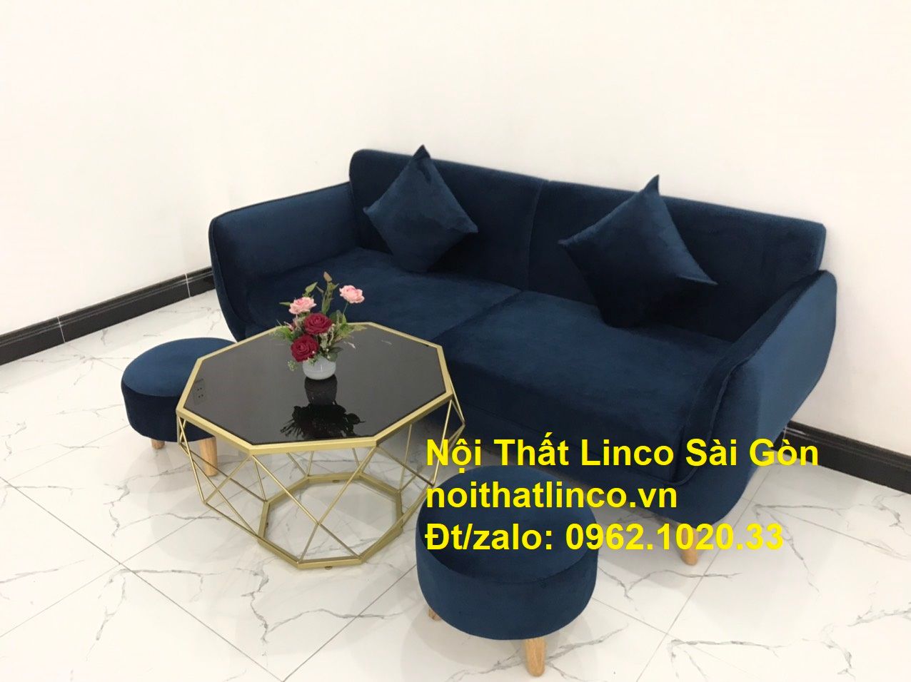 Bộ bàn ghế sofa băng văng xanh dương đậm giá rẻ Nội thất Linco Sài Gòn