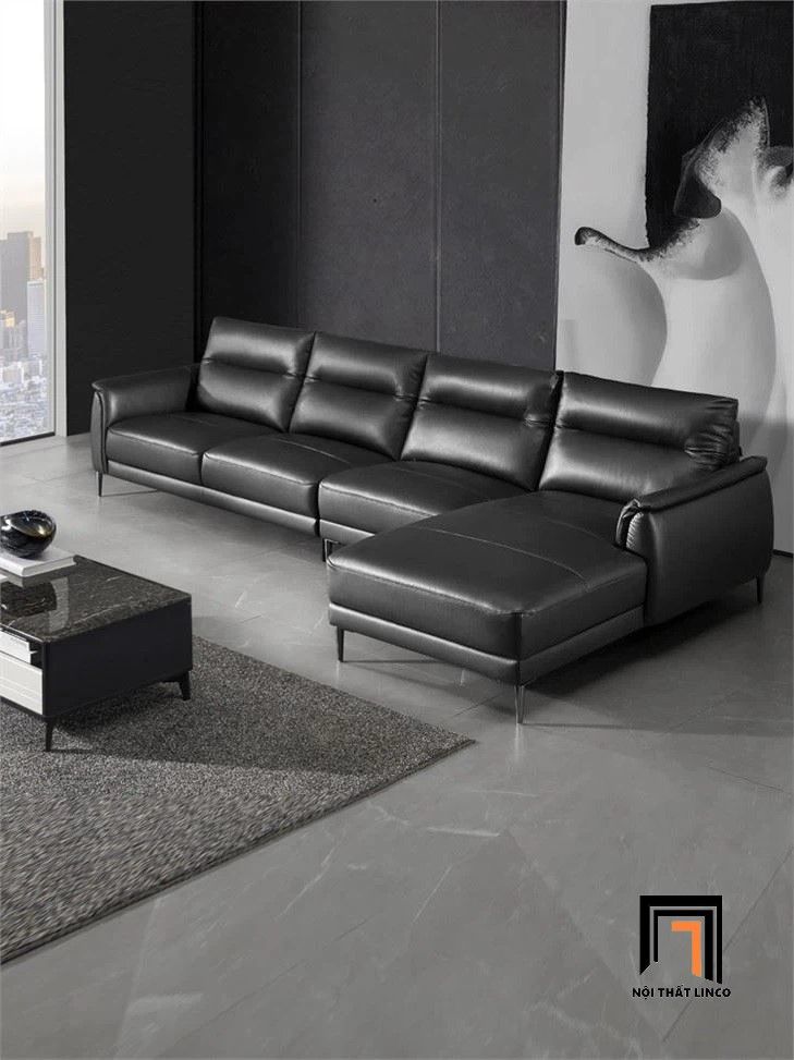 Bộ ghế sofa góc L hiện đại GT246 Kiron 3m x 1m6 da đen bóng