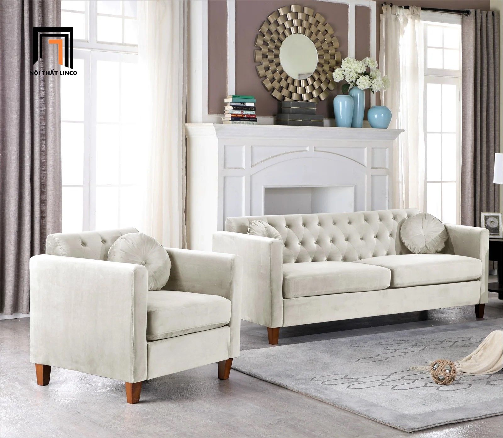 Bộ ghế sofa gia đình hiện đại KT125 Prady xanh lá vải nhung