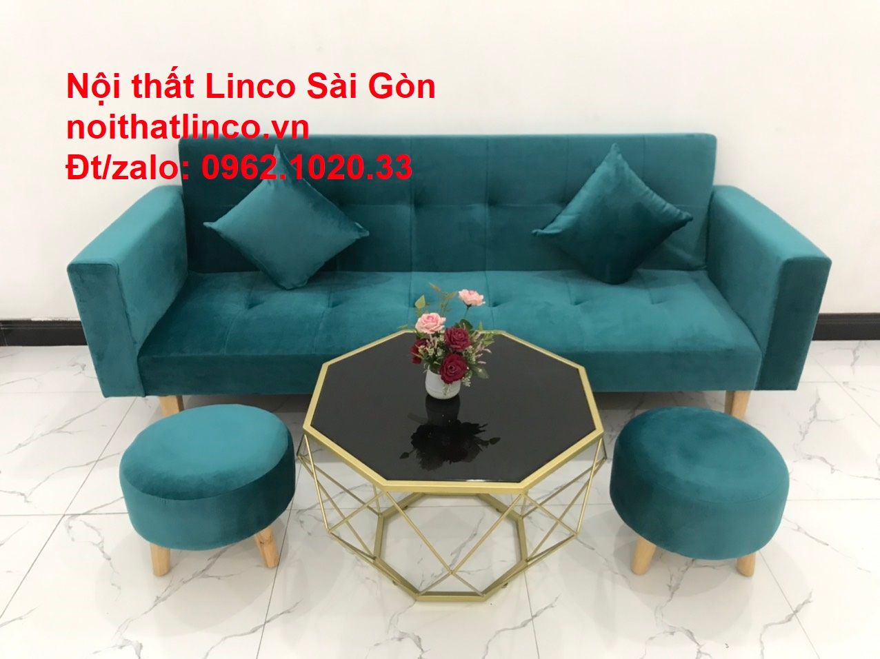Bộ ghế salon sopha giường rẻ | Sofa màu xanh lá cây đậm phòng khách | Nội Thất Linco Sài Gòn