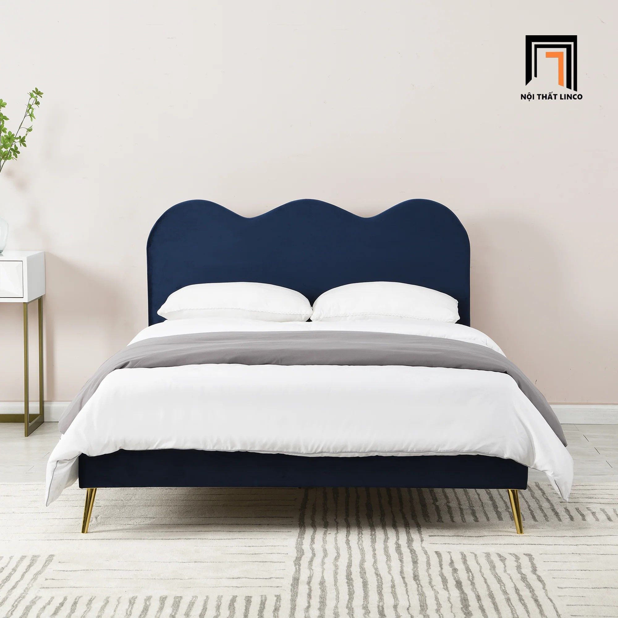 Giường ngủ dài 1m6 x 2m đẹp GN68 Gidea màu xanh đậm vải nhung