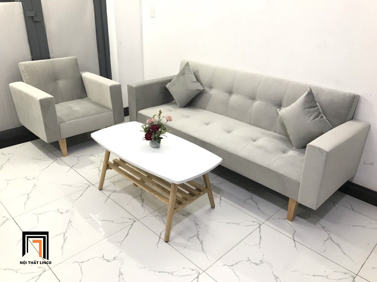 Bộ ghế sofa đa năng phòng khách NS02 vải nhung xám trắng