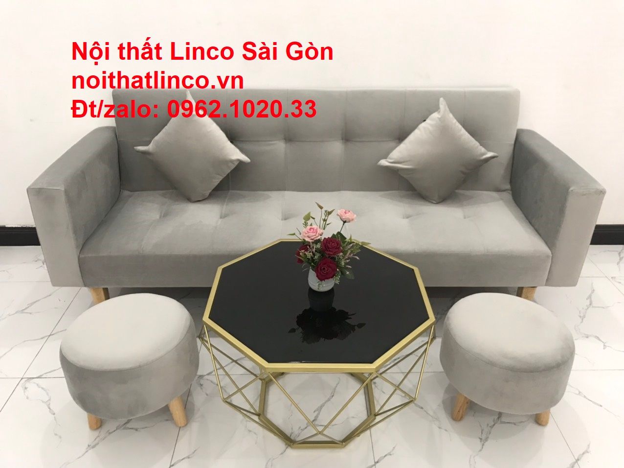 Bộ bàn ghế salon giá rẻ | sofa giường nằm nhỏ gọn xám nhung | Nội Thất Linco Sài Gòn