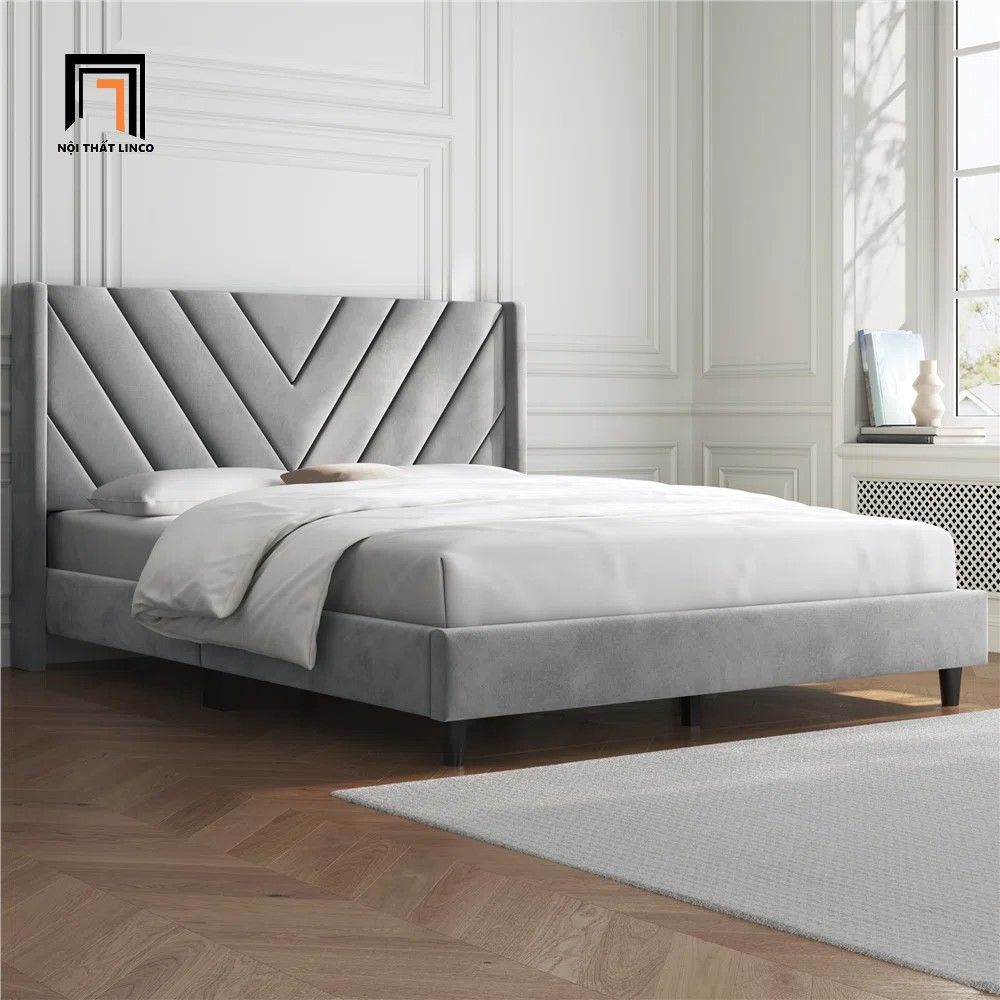Giường ngủ cao cấp 1m6 x 2m GN64 Permelia xám đậm vải nhung