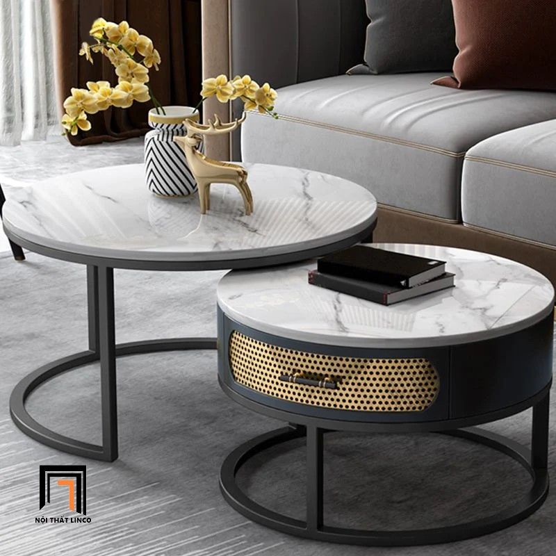 Cặp bàn sofa hình tròn sang trọng BSF27 Stalin mặt đá trắng
