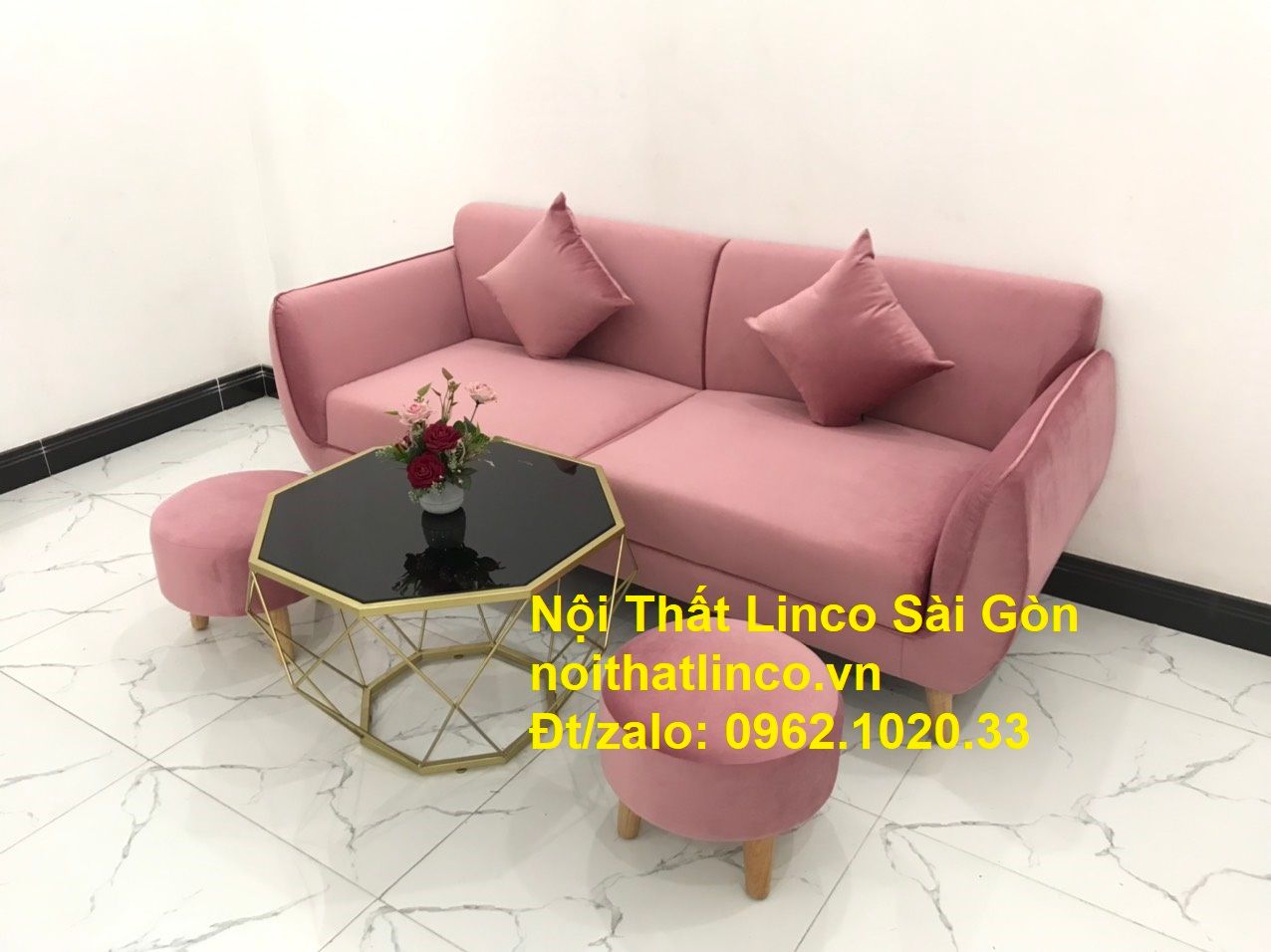 Mẫu sofa băng văng dài 1m9 giá rẻ | so pha Màu hồng phấn cánh sen đẹp ở tại Nội thất Linco Sài Gòn