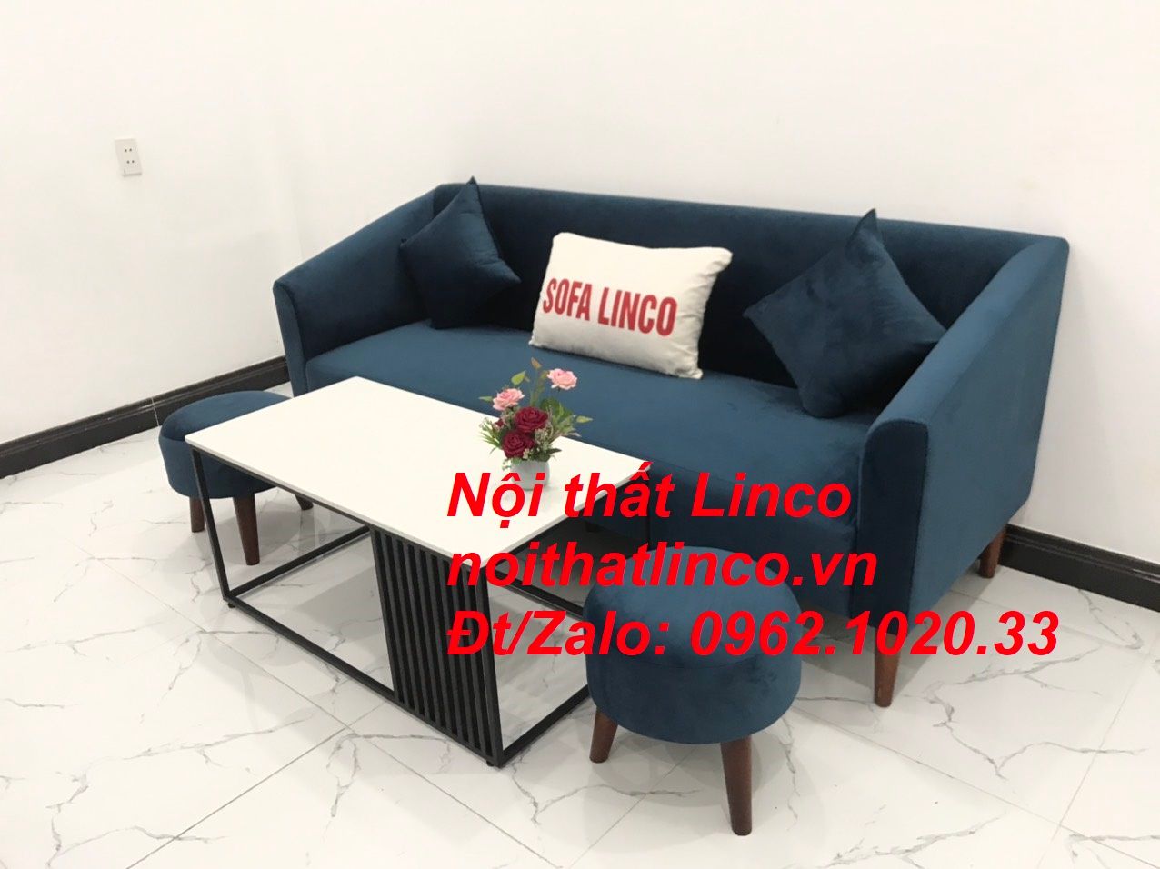 Bộ ghế sofa băng dài xanh dương đậm đen giá rẻ Nội thất Linco Sài Gòn