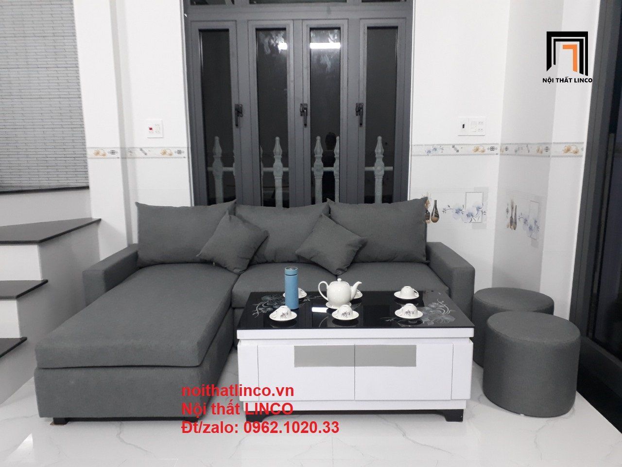 Bộ bàn ghế sofa góc L 2m2 x 1m6 xám đen