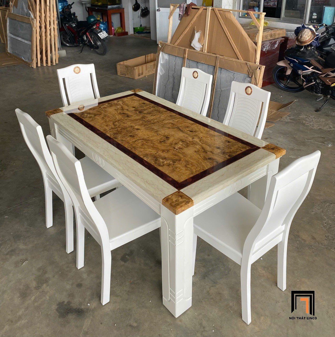 Combo bàn ăn 6 ghế ngồi GF15-BAD6-G307-B354 màu trắng xinh