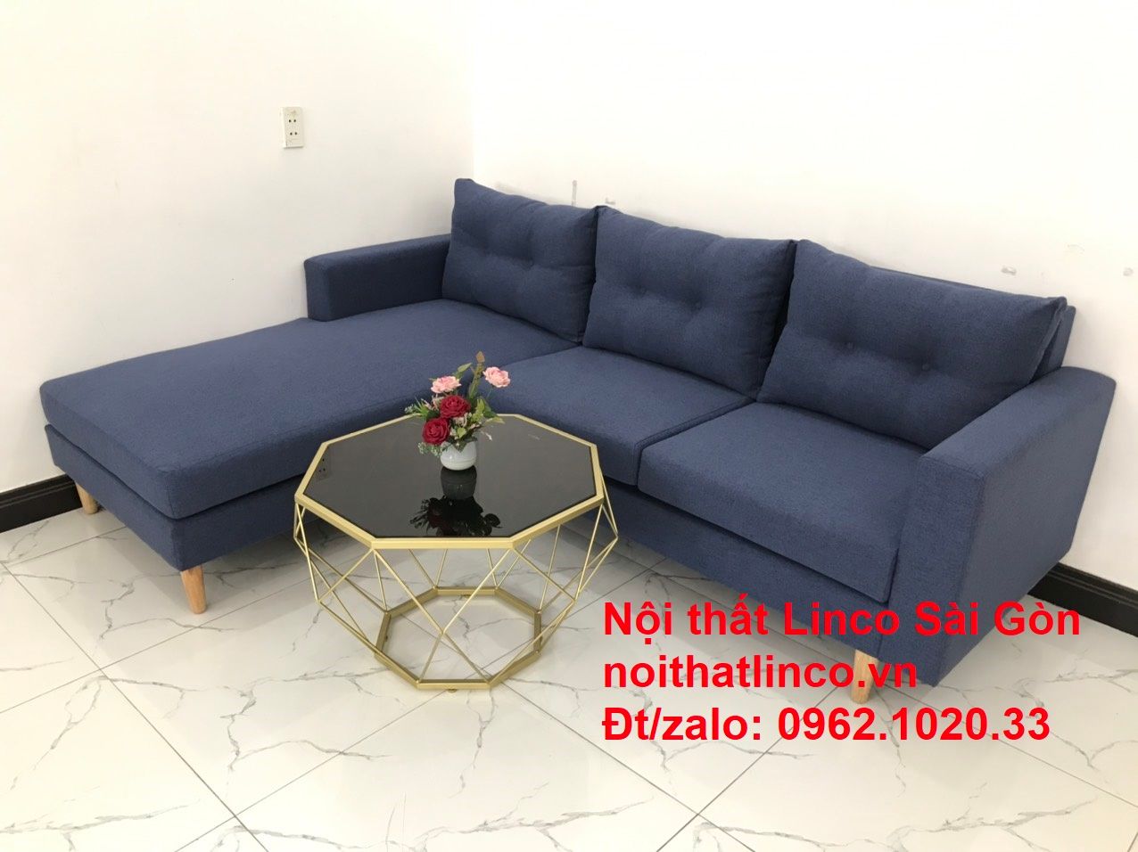 Bộ bàn ghế sofa góc L đẹp, sofa góc dài 2m2 x 1m6 nhỏ giá rẻ xanh dương đen | Nội thất Linco HCM