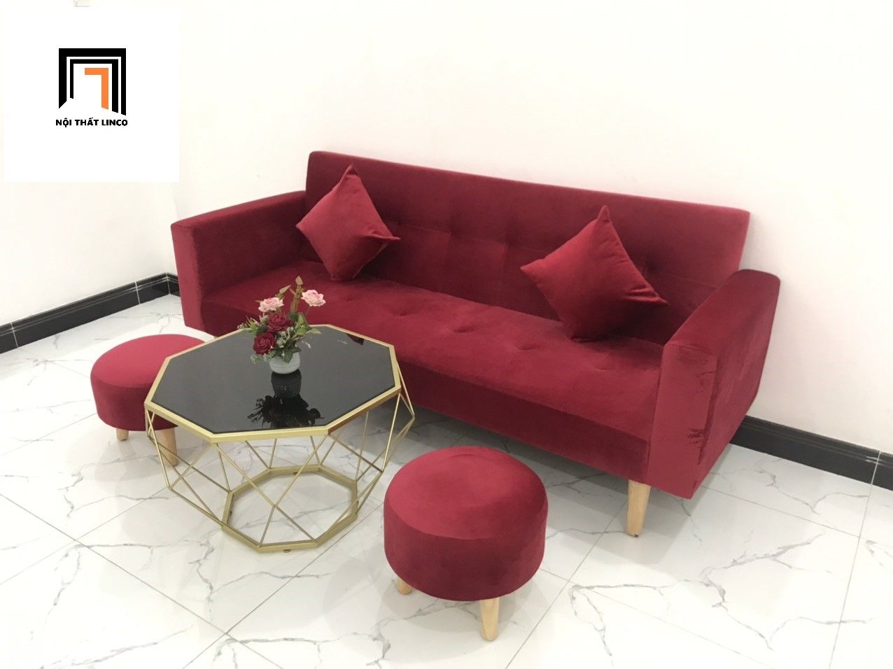 Bộ ghế sofa giường đa năng 2m màu đỏ vải nhung giá rẻ