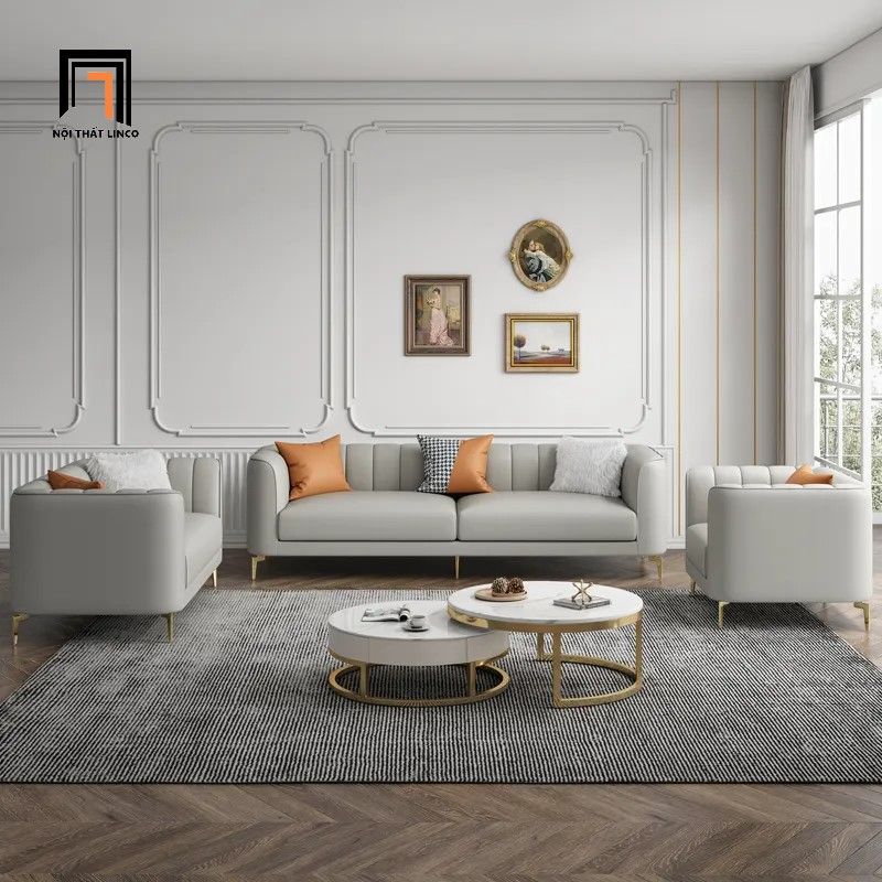 Bộ ghế sofa phòng khách bọc da KT52 Charm màu xám