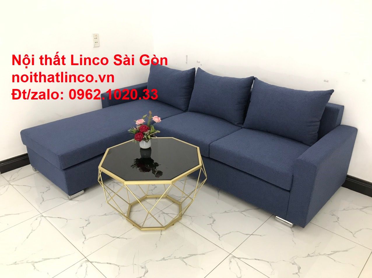 Bộ bàn ghế sofa góc L đẹp, sofa góc dài 2m2 nhỏ rẻ xanh dương đen | Nội thất Linco Tphcm
