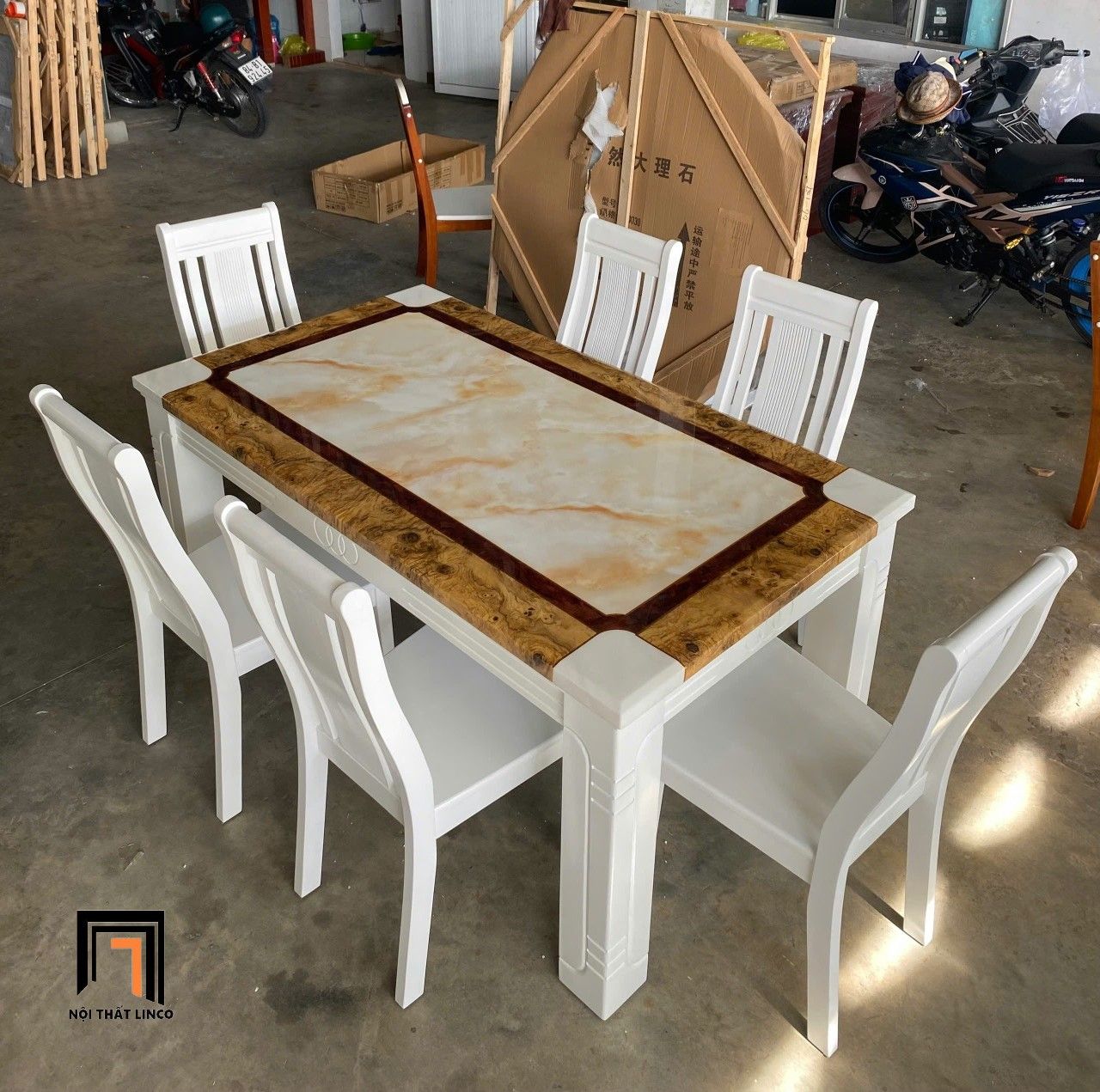 Set bàn ăn mặt đá chữ nhật GF13-BAD6-G300-B354 6 ghế trắng