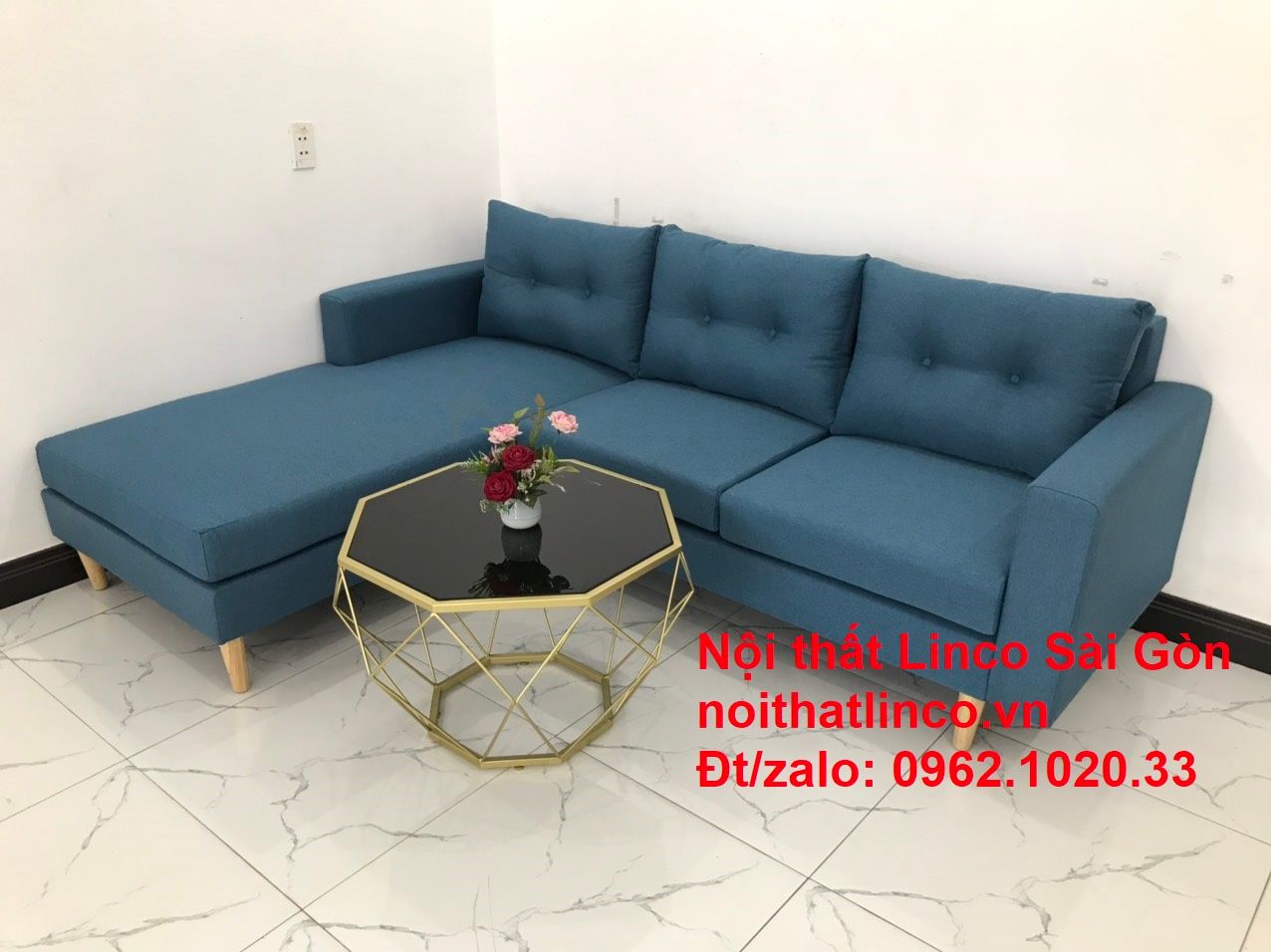 Bộ ghế sofa góc chữ L xanh dương nước biển đẹp hiện đại giá rẻ phòng khách | Nội thất Linco Tphcm