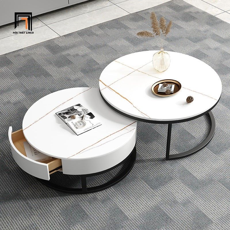Cặp bàn sofa gia đình hình tròn 60cm vs 50cm BSF30 Simon mặt đá
