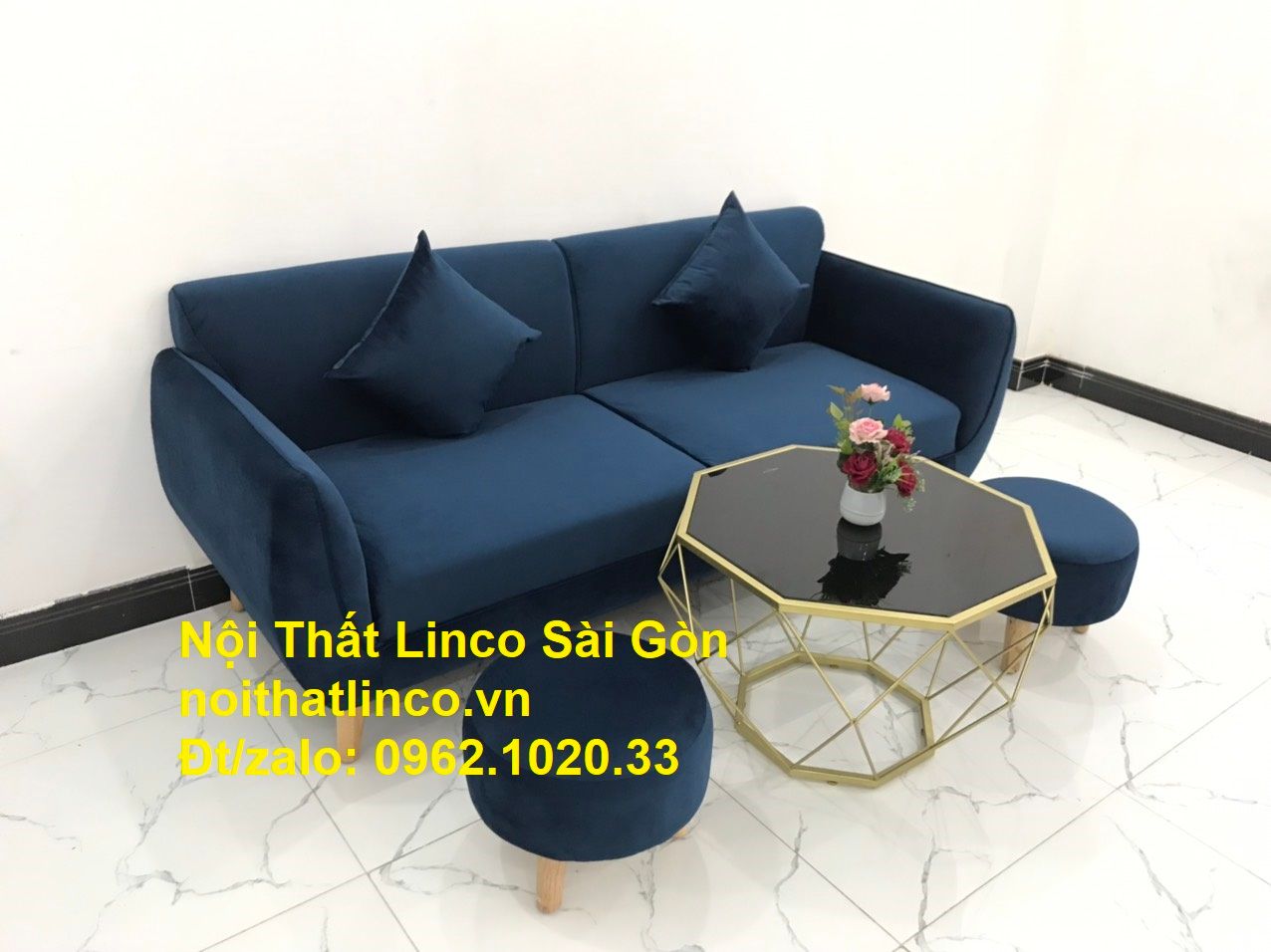 Bộ bàn ghế sofa băng văng xanh dương đậm giá rẻ Nội thất Linco Sài Gòn