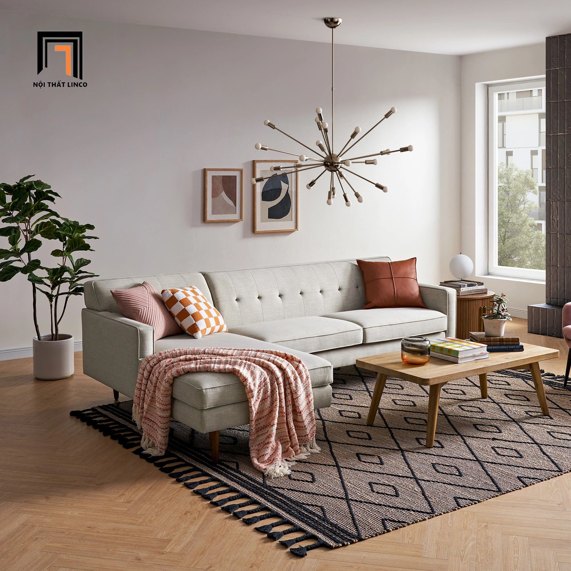 Ghế sofa góc chữ L 2m3 x 1m6 GT203 Elias xám trắng cho chung cư