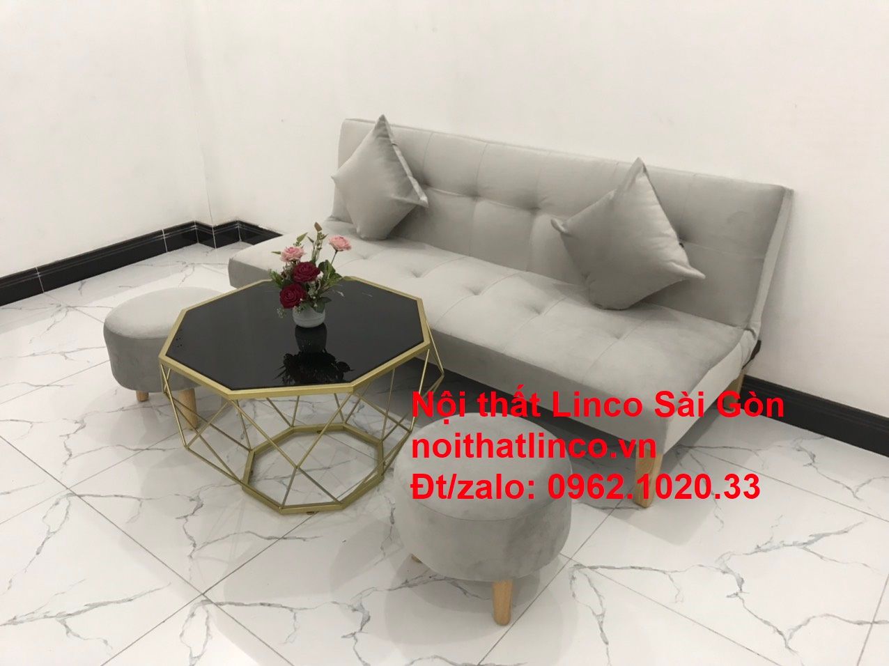 Bộ ghế sofa bed giường nằm nhỏ gọn 1m7 giá rẻ xám lông chuột vải nhung ở tại Nội thất Linco Sài Gòn