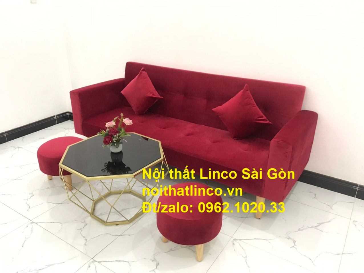 Bộ ghế sofa giường đa năng màu đỏ vải nhung rẻ đẹp | Nội thất Linco Sài Gòn