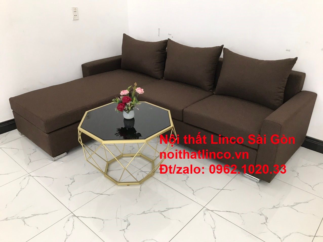 Bộ ghế sofa góc giá rẻ salon góc L Nâu cafe đen đậm sopha phòng khách đẹp hiện đại Nội thất Linco Tphcm Sài Gòn