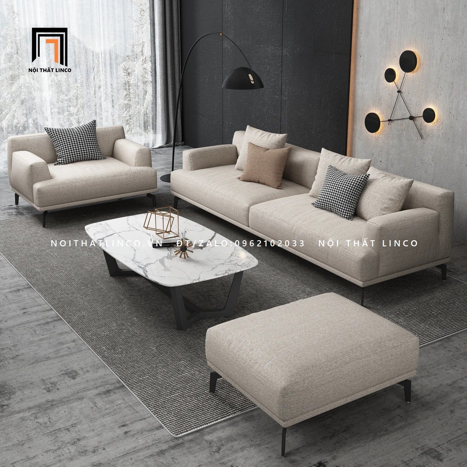 Set ghế sofa phòng khách sang trong KT32 Orren màu trắng kem