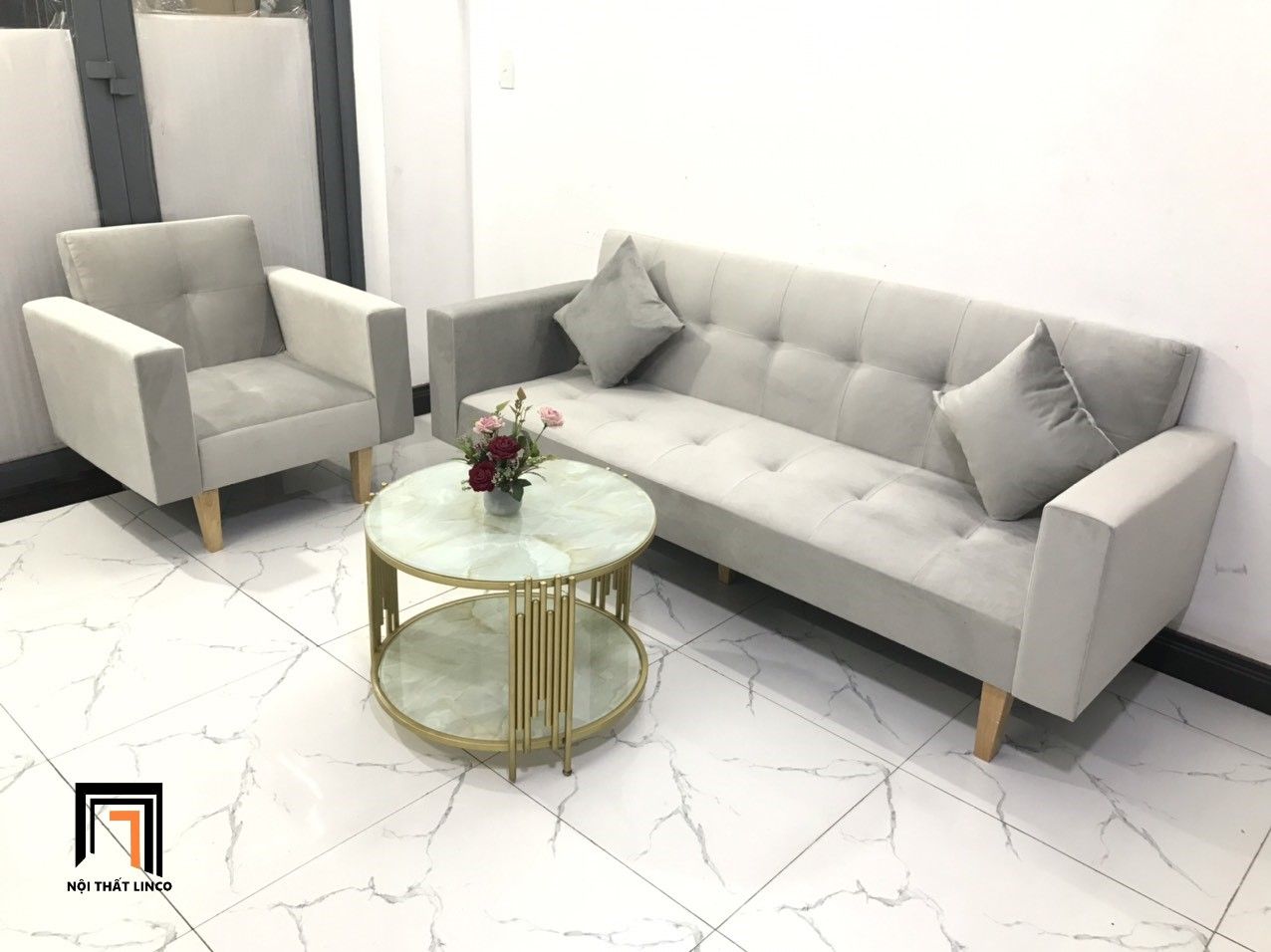 Bộ ghế sofa đa năng phòng khách NS02 vải nhung xám trắng