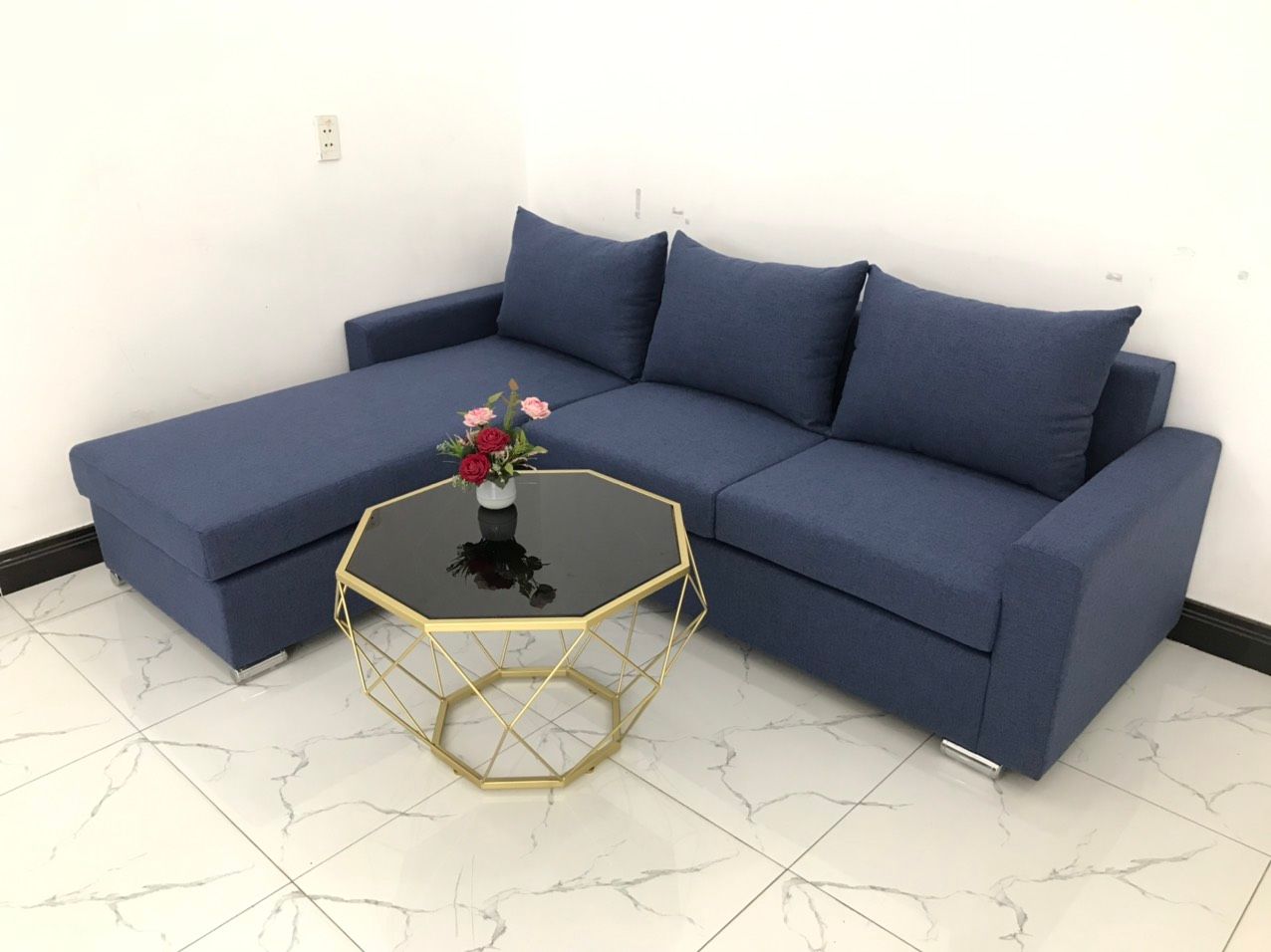 Bộ bàn ghế sofa góc L dài 2m2 x 1m6 màu xanh dương đậm giá rẻ