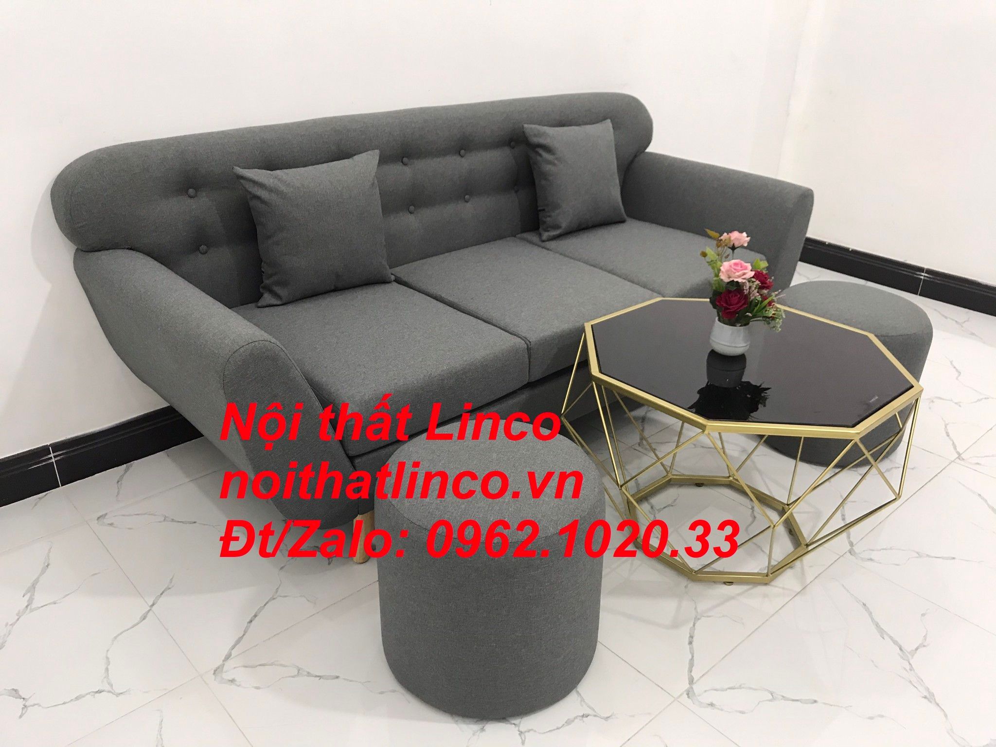 Bộ ghế sofa băng BTC dài 1m9 xám lông chuột vải bố