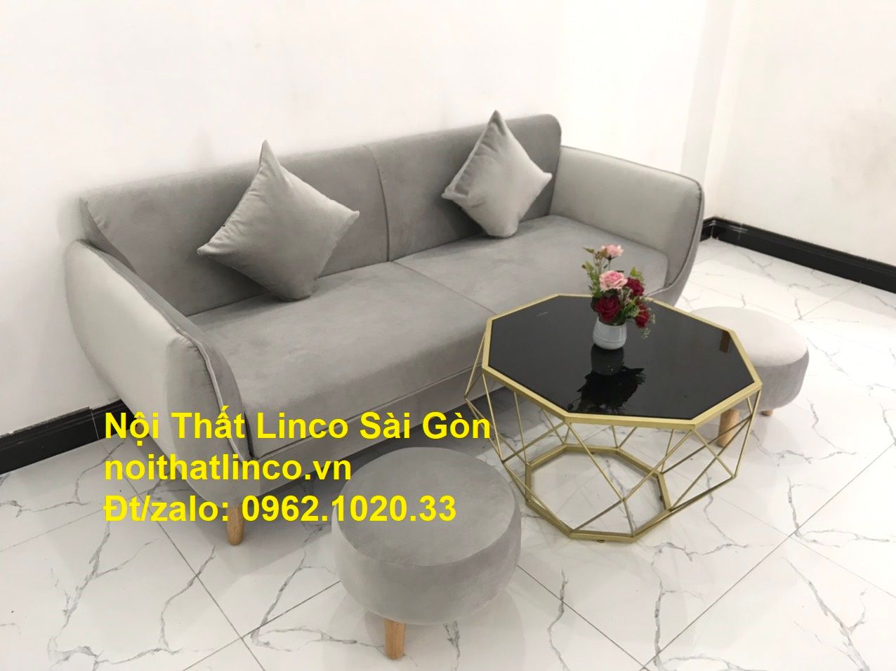 Bộ ghế salong băng dài 1m9 đẹp | Sofa văng xám lông chuột giá rẻ | Nội thất Linco Sài Gòn