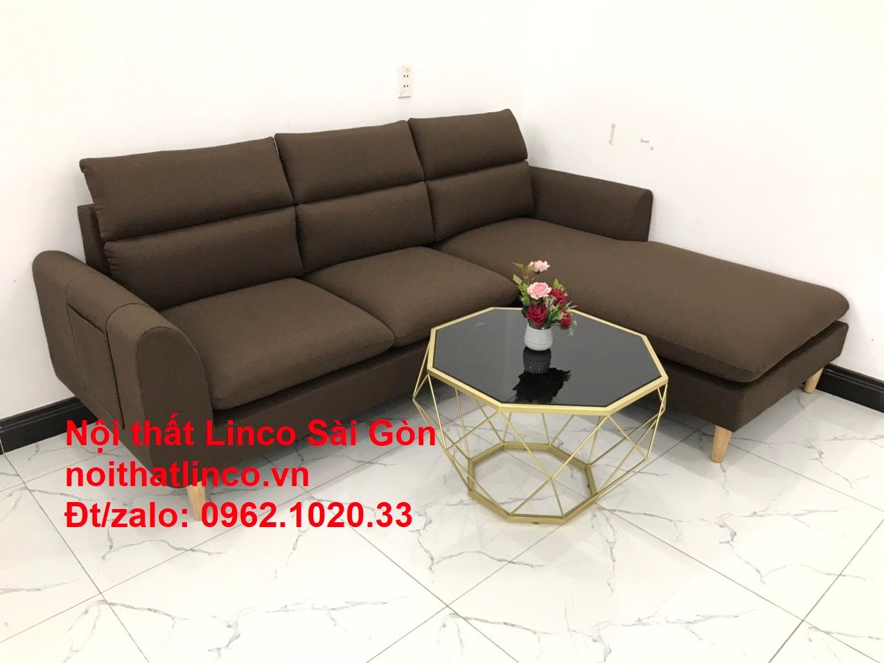 Bộ sofa góc chữ L rẻ | Sofa góc nâu cafe đen đậm giá rẻ đẹp phòng khách | Nội thất Linco HCM Sài Gòn