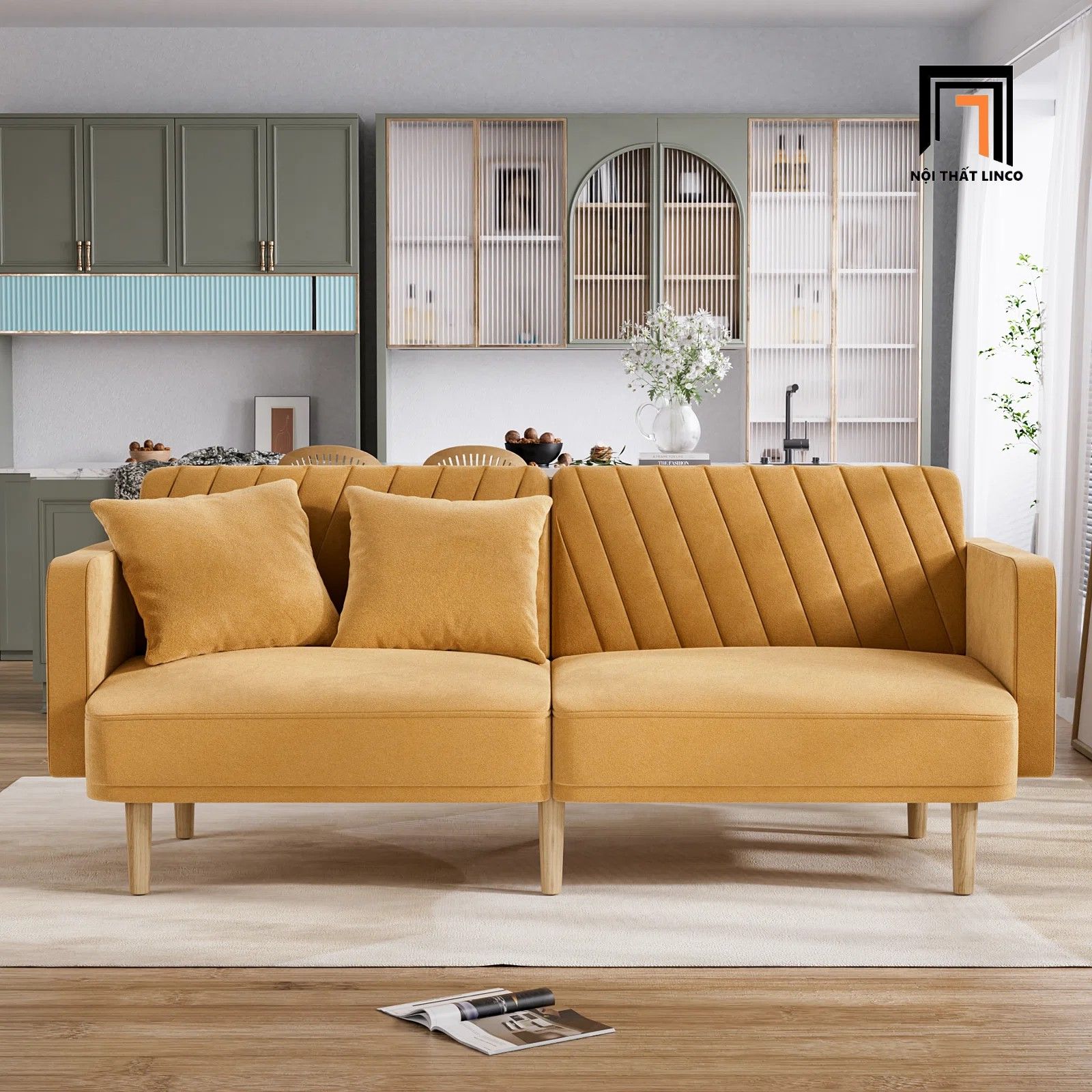 Ghế sofa giường dài 2m GB78 Alcivar vải nhung hồng phấn