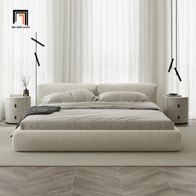 Giường ngủ bọc nệm GN48 Amos màu xám trắng vải nỉ bố