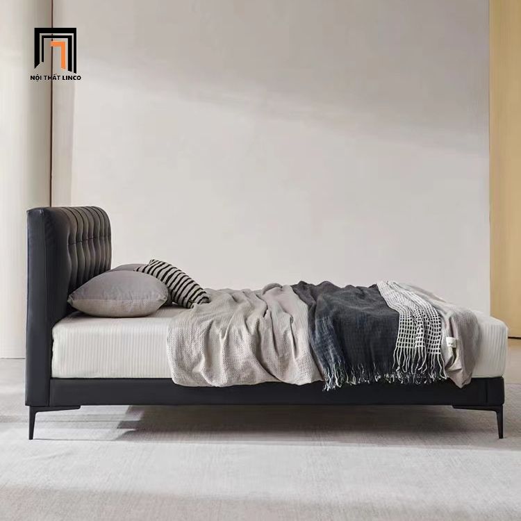 Giường ngủ bọc da Pu màu đen GN79 Kirk đầu giường giật lún