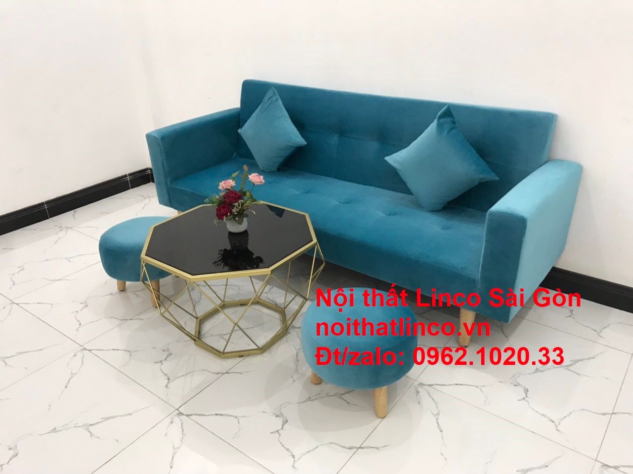 Bộ ghế sofa giường giá rẻ | salon xanh nước biển đẹp phòng khách | Nội Thất Linco Sài Gòn