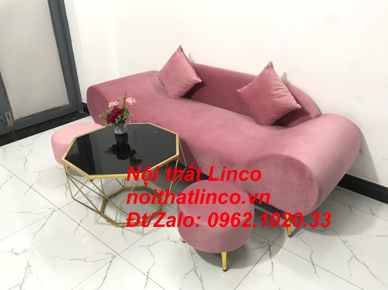 Bộ ghế sofa băng văng thuyền hồng hường cánh sen | Nội thất Linco HCM