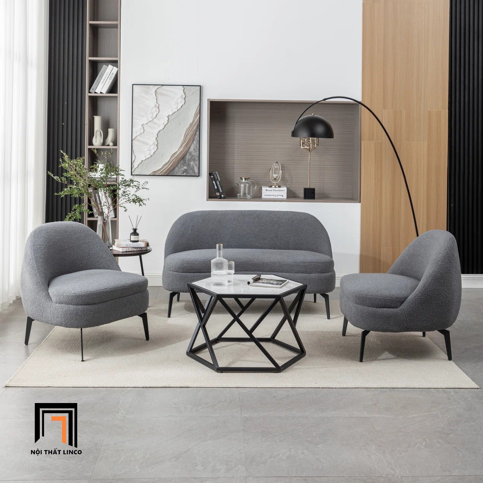 Bộ ghế sofa phòng khách nhỏ gọn KT129 Cayde vải lông cừu