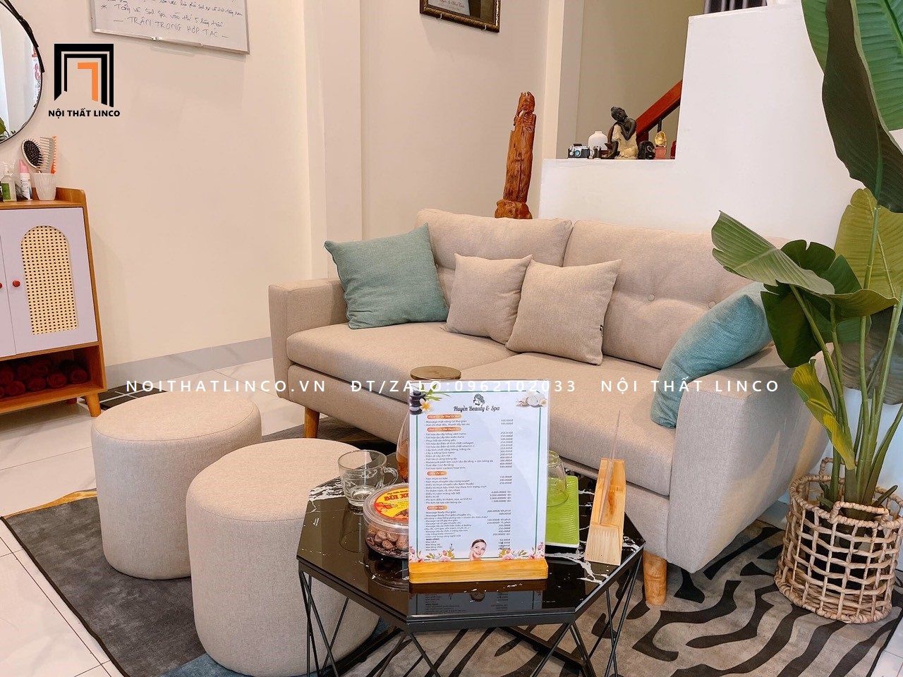 Ghế sofa băng BT113 Saxon dài 1m9 vải bố cotton trắng kem