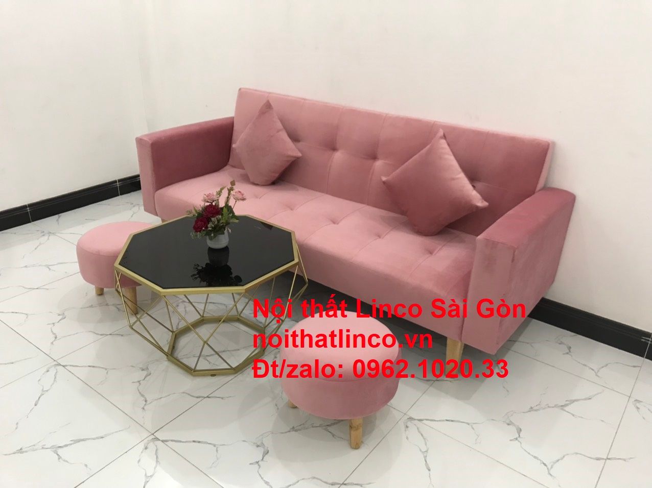 Bộ ghế sofa giường giá rẻ | Salong sopha màu hồng phấn đẹp phòng khách | Nội Thất Linco Sài Gòn