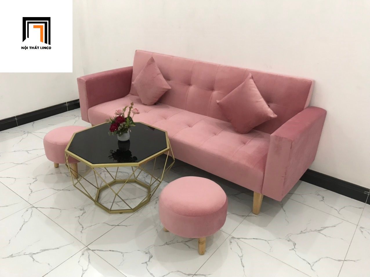 Bộ ghế sofa băng giường màu hồng phấn dài 2m giá rẻ