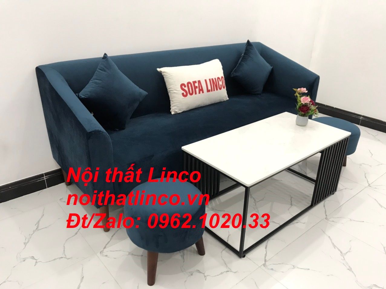 Bộ ghế sofa băng dài xanh dương đậm đen giá rẻ Nội thất Linco Sài Gòn