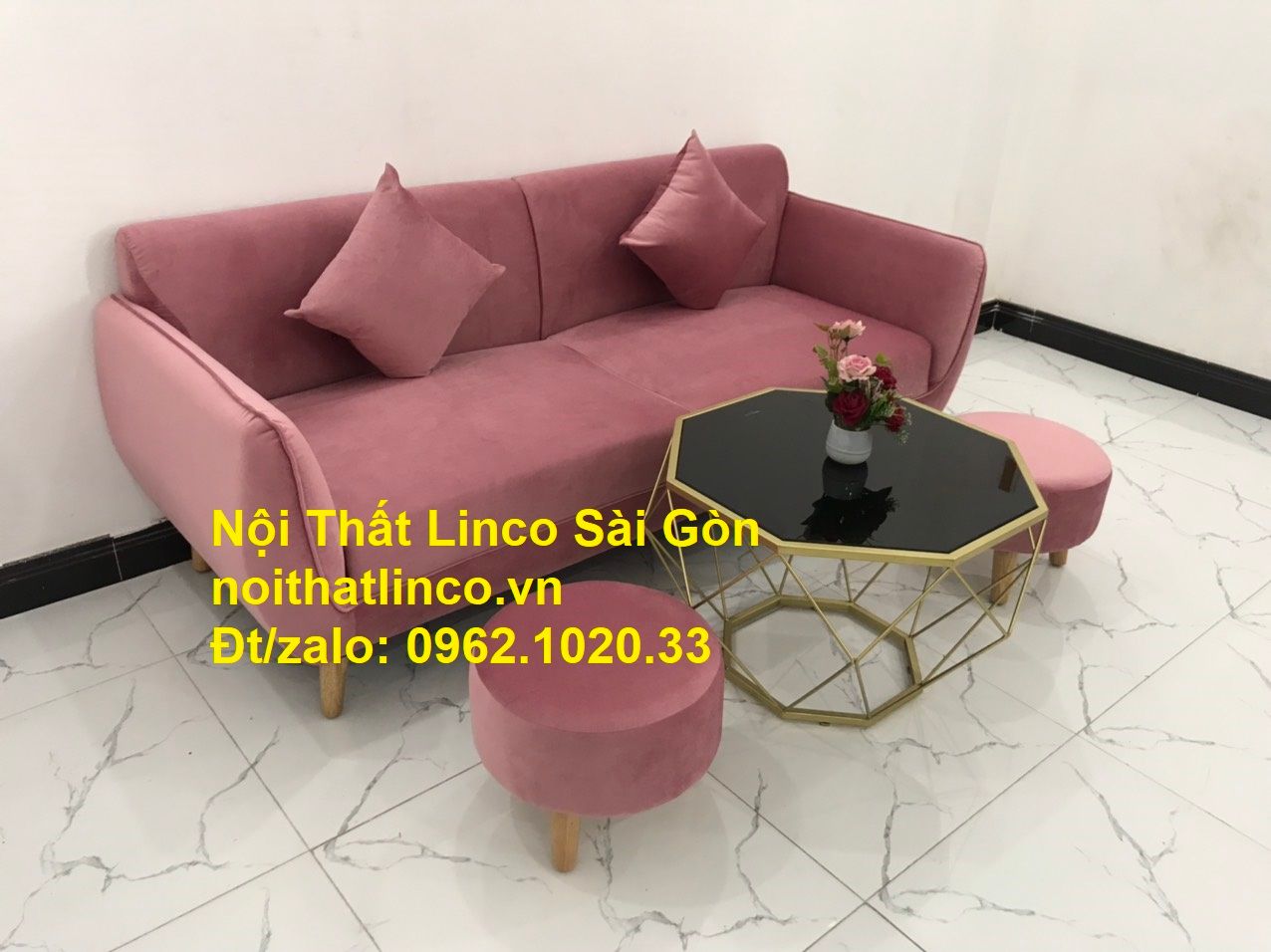 Mẫu sofa băng văng dài 1m9 giá rẻ | so pha Màu hồng phấn cánh sen đẹp ở tại Nội thất Linco Sài Gòn