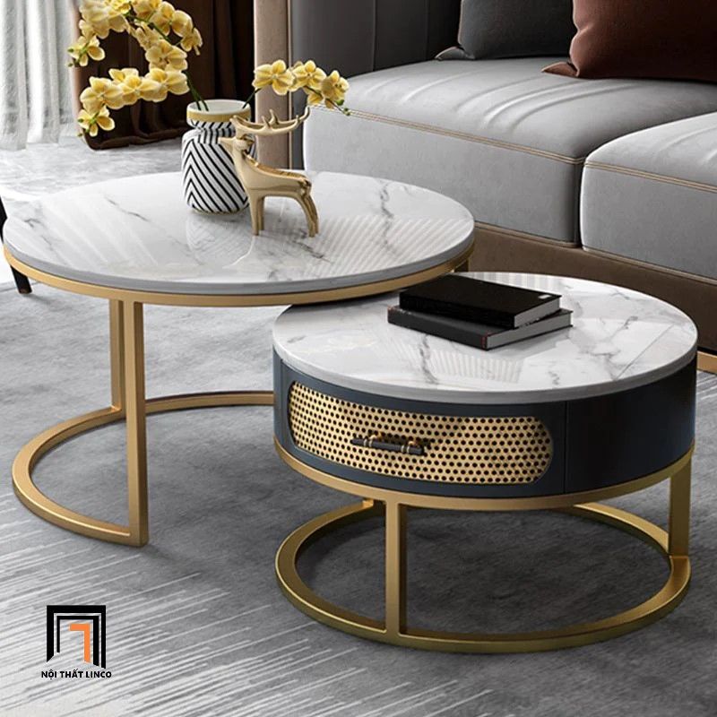 Cặp bàn sofa hình tròn sang trọng BSF27 Stalin mặt đá trắng