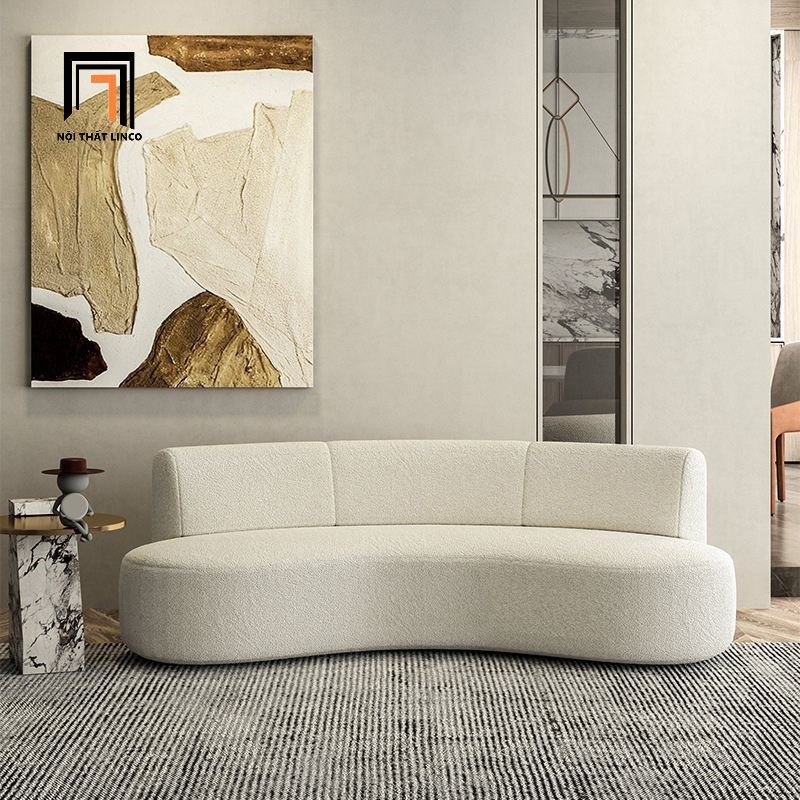 Ghế sofa văng cong dài 2m2 BT295 Olivia vải lông cừu trắng kem