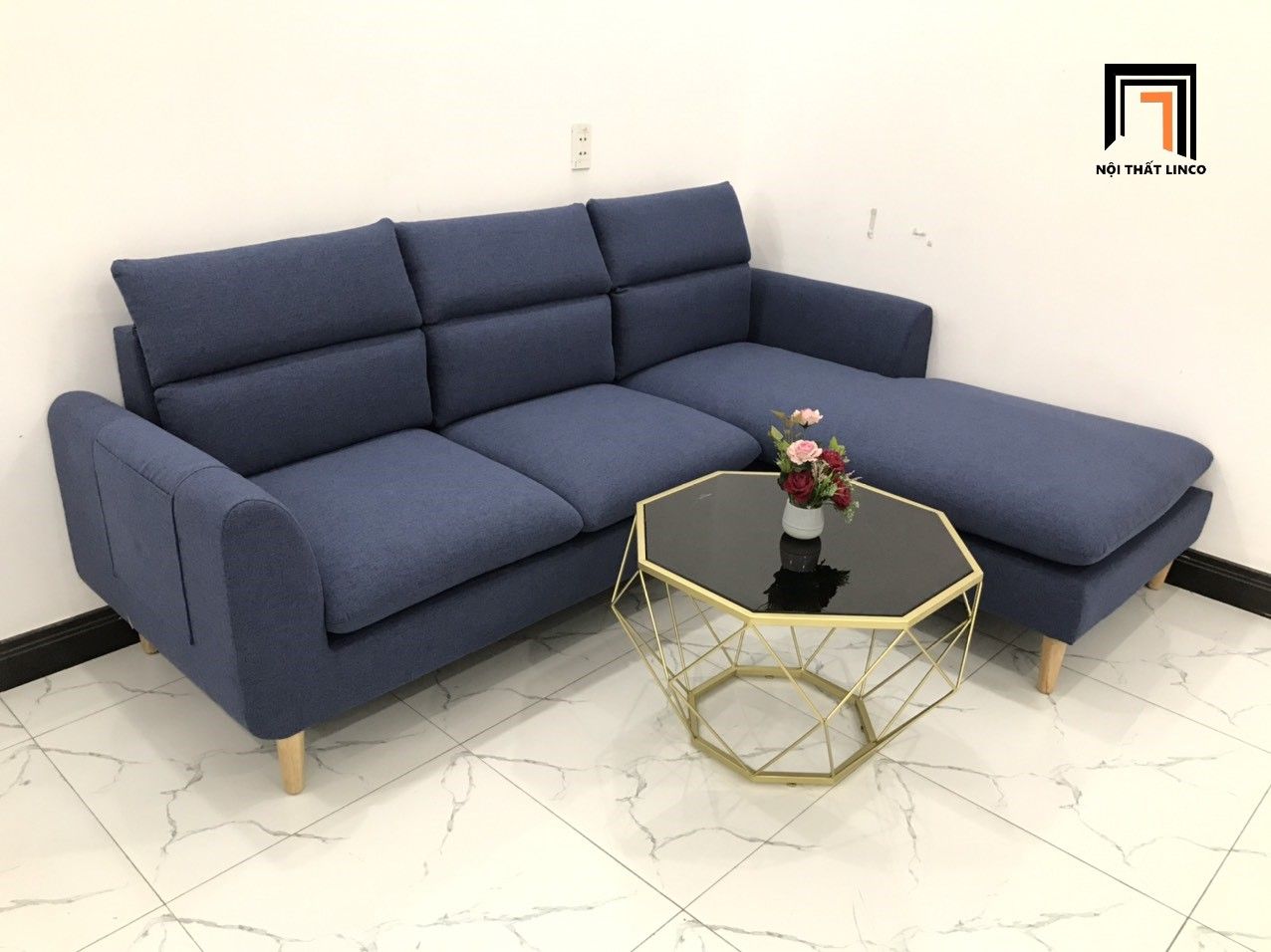 Bộ bàn ghế sofa góc chữ L màu xanh đen dài 2m2 x 1m6 nhỏ