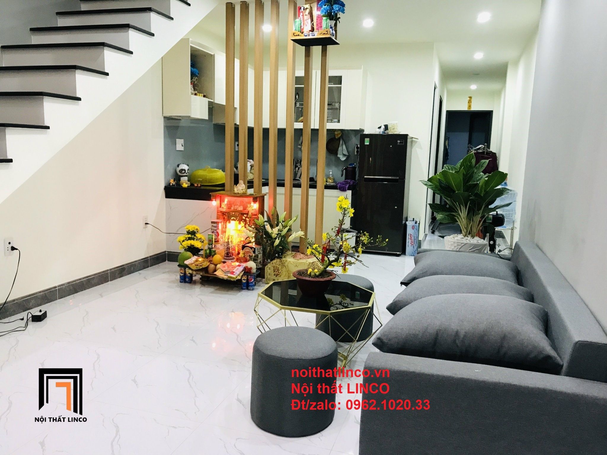 Bộ ghế sofa băng 2m phòng khách xám đen hiện đại