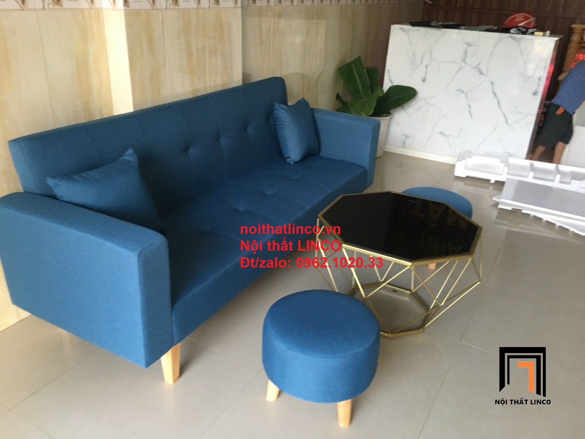 Bộ ghế sofa băng giường nằm dài 2m xanh dương nước biển