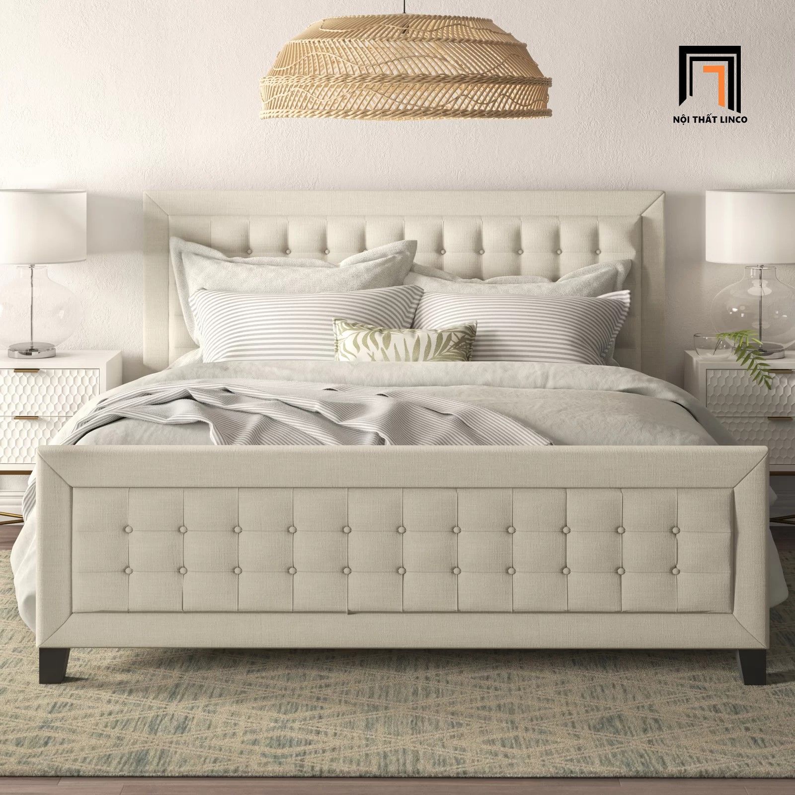 Giường ngủ vải nỉ GN25 Kaster màu trắng kem giật nút xinh xắn